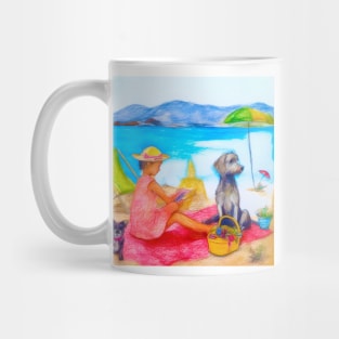 Girl and dogs on the beach, pencil drawing Mug